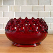 Load image into Gallery viewer, Vintage ruby red &quot;Doric&quot; cadmium glass cupped rose bowl featuring a lace edge and it glows under black light. Crafted by Westmoreland Glass, USA, 1950s. A unique bowl for candies, flowers or as part of your glowy glass collection!  In excellent condition, no chips.  Measures 6 1/4 x 3 1/2 inches
