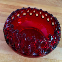 Load image into Gallery viewer, Vintage ruby red &quot;Doric&quot; cadmium glass cupped rose bowl featuring a lace edge and it glows under black light. Crafted by Westmoreland Glass, USA, 1950s. A unique bowl for candies, flowers or as part of your glowy glass collection!  In excellent condition, no chips.  Measures 6 1/4 x 3 1/2 inches
