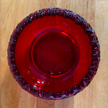 Load image into Gallery viewer, Vintage ruby red &quot;Doric&quot; cadmium glass cupped rose bowl featuring a lace edge and it glows under black light. Crafted by Westmoreland Glass, USA, 1950s. A unique bowl for candies, flowers or as part of your glowy glass collection!  In excellent condition, no chips.  Measures 6 1/4 x 3 1/2 inches
