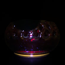 Load image into Gallery viewer, Vintage ruby red &quot;Doric&quot; cadmium glass cupped rose bowl featuring a lace edge and it glows under black light. Crafted by Westmoreland Glass, USA, 1950s. A unique bowl for candies, flowers or as part of your glowy glass collection!  In excellent condition, no chips.  Measures 6 1/4 x 3 1/2 inches
