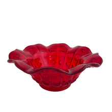 Load image into Gallery viewer, Vintage ruby red Moon and Stars glass candy bowl with ruffled rim. Crafted by L.E. Smith Glass, 1960s. A beautiful and hard-to-find piece!

In excellent condition, no chips.

Measures 6 1/2 x 2 1/2 inches
