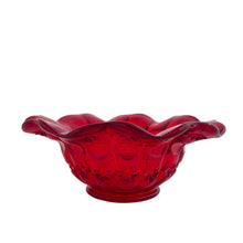 Load image into Gallery viewer, Vintage ruby red Moon and Stars glass candy bowl with ruffled rim. Crafted by L.E. Smith Glass, 1960s. A beautiful and hard-to-find piece!

In excellent condition, no chips.

Measures 6 1/2 x 2 1/2 inches
