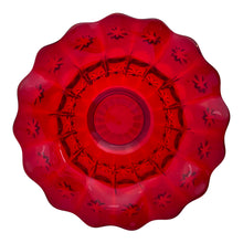 Load image into Gallery viewer, Vintage ruby red Moon and Stars glass candy bowl with ruffled rim. Crafted by L.E. Smith Glass, 1960s. A beautiful and hard-to-find piece!

In excellent condition, no chips.

Measures 6 1/2 x 2 1/2 inches
