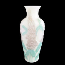Load image into Gallery viewer, Phoenix Glass Reuben Line satin glass vase, opposite side view showing lavender foxglove and teal leaf relief pattern, satin matte finish, USA, 1930s
