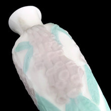 Load image into Gallery viewer, Phoenix Glass Reuben Line satin glass vase, angled close-up showing raised foxglove floret texture and teal leaf relief in high detail, satin matte finish, USA, 1930s
