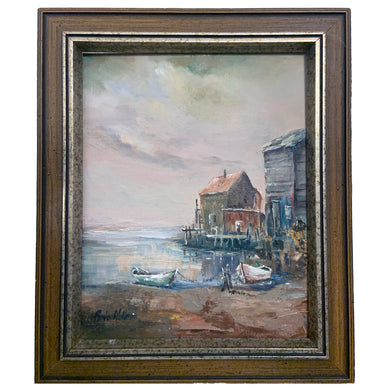 Vintage original oil painting depicting a seaside harbour with buildings and boats. Sign by artist, Bing Miller.  Painting measures 8 x 10 inches  Frame measures 10 1/2 x 12 1/2 inches