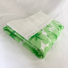 Load image into Gallery viewer, Dress your bed in these retro green and white floral &quot;Serenity&quot; patterned pillowcases. Each piece is trimmed with a white edge banded with eyelet lace. Manufactured by Wabasso, Canada, circa 1970s. Create a restful slumber with these beautifully designed and well-made linens!  In excellent condition, free from stains/tears. Colours are vibrant.  Two pillowcase measures 34 x 20 3/4 inches
