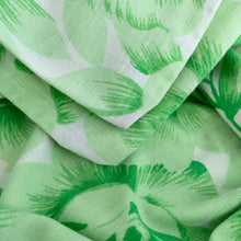Load image into Gallery viewer, Dress your bed in these retro green and white floral &quot;Serenity&quot; patterned pillowcases. Each piece is trimmed with a white edge banded with eyelet lace. Manufactured by Wabasso, Canada, circa 1970s. Create a restful slumber with these beautifully designed and well-made linens!  In excellent condition, free from tears. Colours are vibrant. Tiny stain on the band.  Two pillowcase measures 34 x 20 3/4 inches
