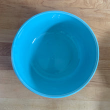 Load image into Gallery viewer, Vintage set of four ceramic 308 mixing bowls, with an exterior pattern of horizontal waves in yellow, mint green, white and robin&#39;s egg blue. Crafted by Robinson Ransbottom Pottery Co., USA, 1960s. A beautiful set to add to your kitchen art pottery collection!

In excellent condition, no chips/cracks/repairs, manufacturer&#39;s glaze pops. Maker&#39;s marks, number 308.
