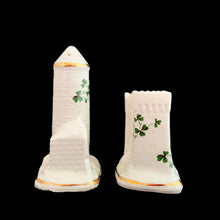 Load image into Gallery viewer, Vintage Shamrock castles ceramic salt and pepper shakers featuring green shamrocks with gold trim. Crafted by Carrigaline Pottery, Ireland.&nbsp;

In excellent used condition, no chips/cracks/repairs.
