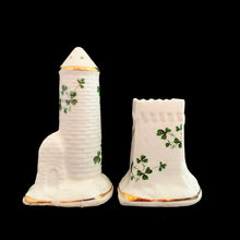 Load image into Gallery viewer, Vintage Shamrock castles ceramic salt and pepper shakers featuring green shamrocks with gold trim. Crafted by Carrigaline Pottery, Ireland.&nbsp;

In excellent used condition, no chips/cracks/repairs.
