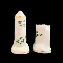 Load image into Gallery viewer, Vintage Shamrock castles ceramic salt and pepper shakers featuring green shamrocks with gold trim. Crafted by Carrigaline Pottery, Ireland.&nbsp;

In excellent used condition, no chips/cracks/repairs.
