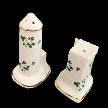 Load image into Gallery viewer, Vintage Shamrock castles ceramic salt and pepper shakers featuring green shamrocks with gold trim. Crafted by Carrigaline Pottery, Ireland.&nbsp;

In excellent used condition, no chips/cracks/repairs.
