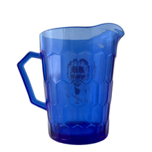 Load image into Gallery viewer, Back view of vintage Shirley Temple cobalt blue creamer showing Hazel-Atlas honeycomb pattern detail
