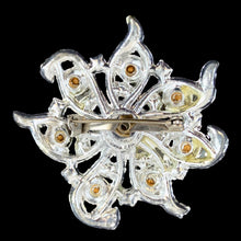 Load image into Gallery viewer, Reverse of vintage silver-tone pinwheel rhinestone brooch showing openwork scrollwork back, foil-backed stone settings, and rollover pin clasp
