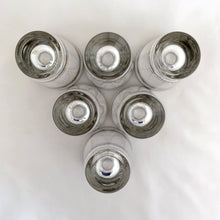 Load image into Gallery viewer, Jacks Daughter of All Trades Vintage Antique Retro Mid-Century Modern Mid Mod Store Shop Reseller Etsy Shopify Toronto Canada Free Porch Pick Up Local Delivery Worldwide Shipping Judy Weinberg Unique Housewarming Hostess Sustainable Gift Home Decor Collectible Collector Him Her Glassware Bar Barware Cart Mad Men Cocktail Happy Hour Party Gold Pinecone Christmas 1950s 1960s 1970s Libbey Luxury High End silver banded rimmed shot glasses Libbey Glass 1960s
