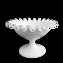 Load image into Gallery viewer, Vintage &quot;Silver Crest&quot; milk glass champagne or tall sherbet finished with a clear crimped edge. Crafted by Fenton Art Glass, USA, 1942 - 1969. The perfect accent to your cottage core, farmhouse or shabby chic decor. Use as intended or repurpose as a trinket dish! In excellent condition, free from chips. Measures 4 3/4 x 3 inches
