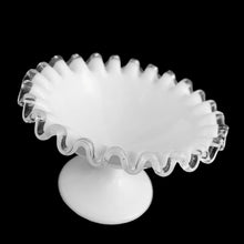 Load image into Gallery viewer, Vintage &quot;Silver Crest&quot; milk glass champagne or tall sherbet finished with a clear crimped edge. Crafted by Fenton Art Glass, USA, 1942 - 1969. The perfect accent to your cottage core, farmhouse or shabby chic decor. Use as intended or repurpose as a trinket dish! In excellent condition, free from chips. Measures 4 3/4 x 3 inches

