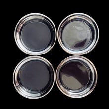 Load image into Gallery viewer, Set of four vintage silver fade stackable glass coasters. Crafted by Queen&#39;s Vitreon Lustreware, USA, circa 1960s. A great addition to your barware collection! In excellent condition, free from chips. Measures 3 3/4 x 3/4 inches
