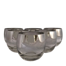 Load image into Gallery viewer, Set of six fabulous vintage mid-century silver fade roly poly cocktail glasses. Decorated with a silver top that fades to clear glass with the bonus of being resistant to tipping over. Crafted by Vitreon Queen&#39;s Lustreware circa 1960s. Add some serious Mad Men vibes to your bar cart with these beauties!&nbsp;  All six glass are in excellent condition,&nbsp;free from chips or wear.  Measures 3 1/4 x 3 inches  Capacity 12 ounces
