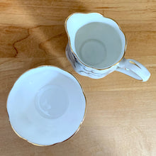 Load image into Gallery viewer, Overhead view of Royal Albert Silver Maple creamer and sugar, showing gold gilding on rims and fine bone china craftsmanship
