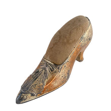 Load image into Gallery viewer, Vintage silver plated Empire State Building pin cushion shoe, having a superb design with an molded Empire State Building panel. A wonderful example of an early 20th century, (1930s), decorative and collectable souvenir.

The shoe is in good general condition, with age-related tarnishing of the silver plating and discolouration to the fabric of the pin cushion. Bottom marked JB 1671.

Measures 5 1/2 x 1 1/2 x 2 1/2 inches
