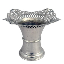 Load image into Gallery viewer, Elegant and timeless, this vintage silver plated trumpet-shaped flower vase features an ornately pierced square-shaped openwork rim, and banded body. This vase has all the hallmarks of a traditional vase from the early to mid 20th century. Crafted by Benedict-Proctor Mfg. Co. Ltd., Canada, 1925 - 1945. Paired with a flower frog, this stunning decorative vase makes it easy to create an elegant floral arrangement for weddings, period interiors, or curated vintage collections.

