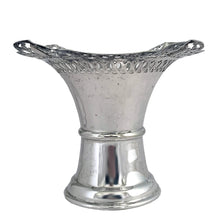 Load image into Gallery viewer, Elegant and timeless, this vintage silver plated trumpet-shaped flower vase features an ornately pierced square-shaped openwork rim, and banded body. This vase has all the hallmarks of a traditional vase from the early to mid 20th century. Crafted by Benedict-Proctor Mfg. Co. Ltd., Canada, 1925 - 1945. Paired with a flower frog, this stunning decorative vase makes it easy to create an elegant floral arrangement for weddings, period interiors, or curated vintage collections.
