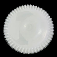 Load image into Gallery viewer, This vintage milk glass Silver Crest round cake stand features a classic clear crimped edge. Crafted by Fenton Art Glass, USA, between 1942 - 1986. A stunning example of mid-century tableware that will always be in style no matter your decor style! An elegant way to present cakes and desserts whether for everyday entertaining, a wedding or bridal shower!

In excellent condition, no chips. Unmarked.

Measures 13 x 5 inches
