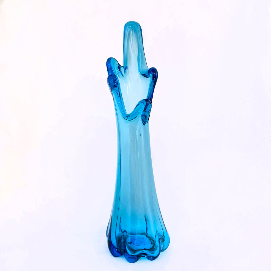 Vintage sky blue five finger swung glass vase. Made in Taiwan.  In excellent condition, free from chips or cracks.  Measures 3 x 10-1/2 inches