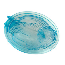 Load image into Gallery viewer, This highly collectible aqua blue pressed glass hen-on-nest is spectacular! Crafted by the Westmoreland Glass Company, USA. Use it as a trinket, soap, catchall, candy or nut dish...or whatever you wish. Makes a fantastic easter decor piece and suits any style....shabby chic, cottage, farmhouse, industrial and we dare say, modern! In excellent condition, no chips or cracks. Marked with embossed WG 1949-1984. Measures 7 1/2 x 5 7/8 x 6 1/4 inches
