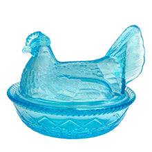 Load image into Gallery viewer, This highly collectible aqua blue pressed glass hen-on-nest is spectacular! Crafted by the Westmoreland Glass Company, USA. Use it as a trinket, soap, catchall, candy or nut dish...or whatever you wish. Makes a fantastic easter decor piece and suits any style....shabby chic, cottage, farmhouse, industrial and we dare say, modern! In excellent condition, no chips or cracks. Marked with embossed WG 1949-1984. Measures 7 1/2 x 5 7/8 x 6 1/4 inches
