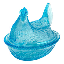Load image into Gallery viewer, This highly collectible aqua blue pressed glass hen-on-nest is spectacular! Crafted by the Westmoreland Glass Company, USA. Use it as a trinket, soap, catchall, candy or nut dish...or whatever you wish. Makes a fantastic easter decor piece and suits any style....shabby chic, cottage, farmhouse, industrial and we dare say, modern! In excellent condition, no chips or cracks. Marked with embossed WG 1949-1984. Measures 7 1/2 x 5 7/8 x 6 1/4 inches
