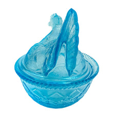 Load image into Gallery viewer, This highly collectible aqua blue pressed glass hen-on-nest is spectacular! Crafted by the Westmoreland Glass Company, USA. Use it as a trinket, soap, catchall, candy or nut dish...or whatever you wish. Makes a fantastic easter decor piece and suits any style....shabby chic, cottage, farmhouse, industrial and we dare say, modern! In excellent condition, no chips or cracks. Marked with embossed WG 1949-1984. Measures 7 1/2 x 5 7/8 x 6 1/4 inches
