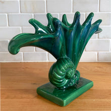 Load image into Gallery viewer, Vintage mid-century blue green drip glaze &quot;Sea Snail&quot; ceramic vase, shape R-299. Designed by Royal Hickman for Royal Haeger Pottery, USA, early 1940s. A gorgeous addition to any art pottery collection! In excellent condition, free from chips/cracks/repairs. Measures 11 1/2 x 3 1/8 x 7 inches
