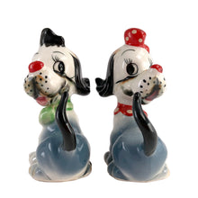 Load image into Gallery viewer, Vintage hand painted Snirky and Sally circus dog salt and pepper shakers. Artmark, Japan, 1950s. Add these adorable kitschy shakers to your collection!

In excellent condition, no chips/cracks/repairs. Unmarked.

Measures 3 x 1 7/8 x 4 1/8 inches
