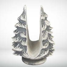 Load image into Gallery viewer, Vintage snow-capped ceramic Christmas tree napkin holder. Made with an Atlantic Mold, circa 1970s. The perfect decorative and practical addition to your holiday table or buffet!

In as found vintage condition, two chips.

Measures 5 1/2 x 7 1/4 inches
