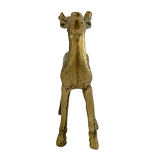 Load image into Gallery viewer, Front view of vintage solid cast brass deer figurine standing upright, original "Made in Taiwan R.O.C." foil sticker visible, aged golden patina, 1970s
