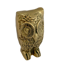 Load image into Gallery viewer, Vintage solid brass owl figurine, three-quarter front-right view, engraved circular eyes and feather detail, aged golden patina, 1970s Taiwan
