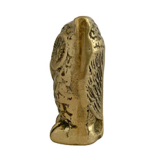 Load image into Gallery viewer, Left-side profile of vintage solid brass owl figurine showing subtle feather texture and aged brass surface, 1970s Taiwan
