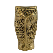 Load image into Gallery viewer, Rear view of vintage solid brass owl figurine showing engraved wing and tail feather pattern, aged golden patina, 1970s Taiwan
