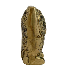 Load image into Gallery viewer, Right-side profile of vintage solid brass owl figurine showing smooth back and engraved wing detail, aged golden patina, 1970s Taiwan

