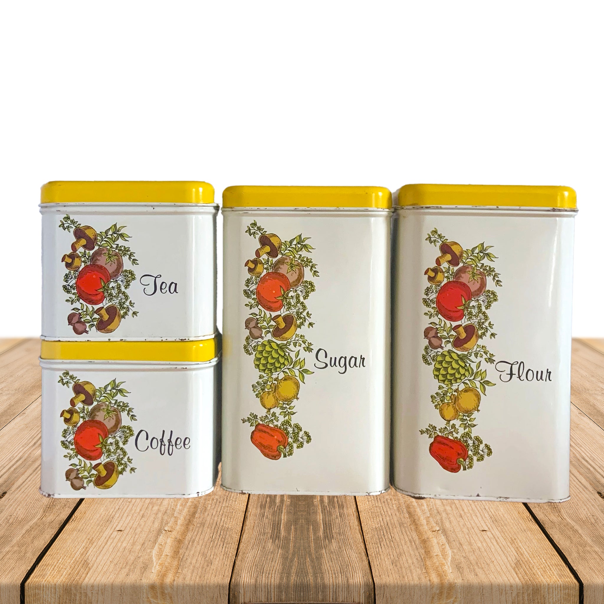 Vintage Spice of Life White Yellow Metal Kitchen Canisters J Chein