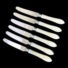 Load image into Gallery viewer, A lovely set of six vintage stainless steel tea knives with faux Mother-of-pearl handles. Crafted by Sheffield, England, 1960s. How pretty!

In excellent condition, in original box.

Measures 6 5/8 inches
