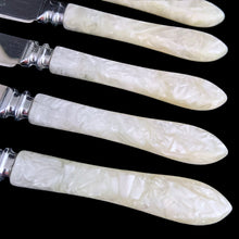 Load image into Gallery viewer, A lovely set of six vintage stainless steel tea knives with faux Mother-of-pearl handles. Crafted by Sheffield, England, 1960s. How pretty!

In excellent condition, in original box.

Measures 6 5/8 inches
