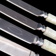Load image into Gallery viewer, A lovely set of six vintage stainless steel tea knives with faux Mother-of-pearl handles. Crafted by Sheffield, England, 1960s. How pretty!

In excellent condition, in original box.

Measures 6 5/8 inches
