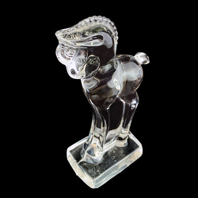 Vintage standing horse colt clear blown art glass figurine. Crafted by Heisey Glass, USA, 1933 - 1957. A beautiful piece to enhance your home's decor!  In excellent used condition, free from chips, wear to the bottom with a few minor flea bites to one edge.  Measures 5 inches tall.