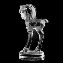 Load image into Gallery viewer, Vintage standing horse colt clear blown art glass figurine. Crafted by Heisey Glass, USA, 1933 - 1957. A beautiful piece to enhance your home&#39;s decor!  In excellent used condition, free from chips, wear to the bottom with a few minor flea bites to one edge.  Measures 5 inches tall.
