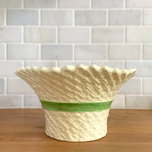 Load image into Gallery viewer, Delightful vintage pale yellow straw hat with green bow ceramic planter pot. Crafted by Falcon Ware, England, 1940s. A charming home for your favourite flowering houseplant or greenery.

In excellent condition, no chips/cracks/repairs.

Measures 7 3/4 x 4 inches
