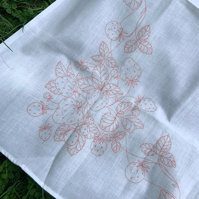 Vintage white cotton tablecloth with a stamped pattern of strawberries and vines. These Bucilla kit tablecloths were intended to be painted with Tri-Chem Liquid Embroidery pens, but can easily be stitched with embroidery floss to create a beautiful table covering.  In excellent condition, no stains/tears.  Measures 54 x 69 inches